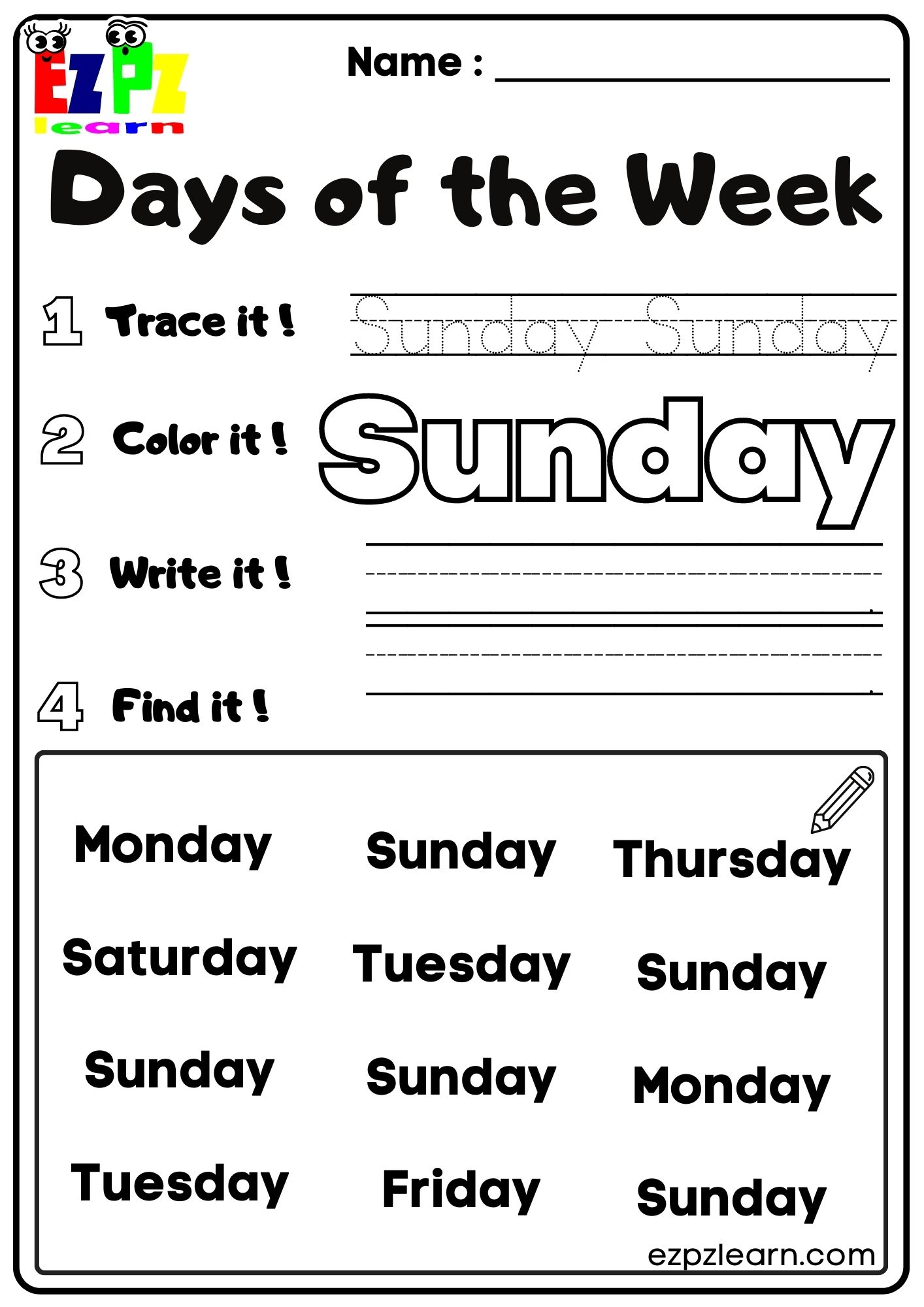 Sunday Days of the Week Kids Activity